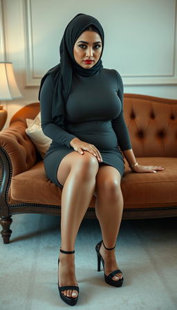 A high-class European 40-year-old woman with a full, curvy body, featured in a full-body portrait set in an elegant bedroom