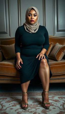 A high-class European 40-year-old woman with a full, curvy body, featured in a full-body portrait set in an elegant bedroom