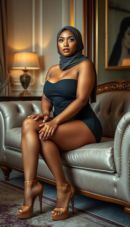 A high-class Irish 40-year-old woman with a full, voluptuous body, depicted in a luxurious bedroom setting