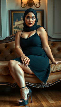 A high-class Irish 40-year-old woman with a full, voluptuous body, depicted in a luxurious bedroom setting