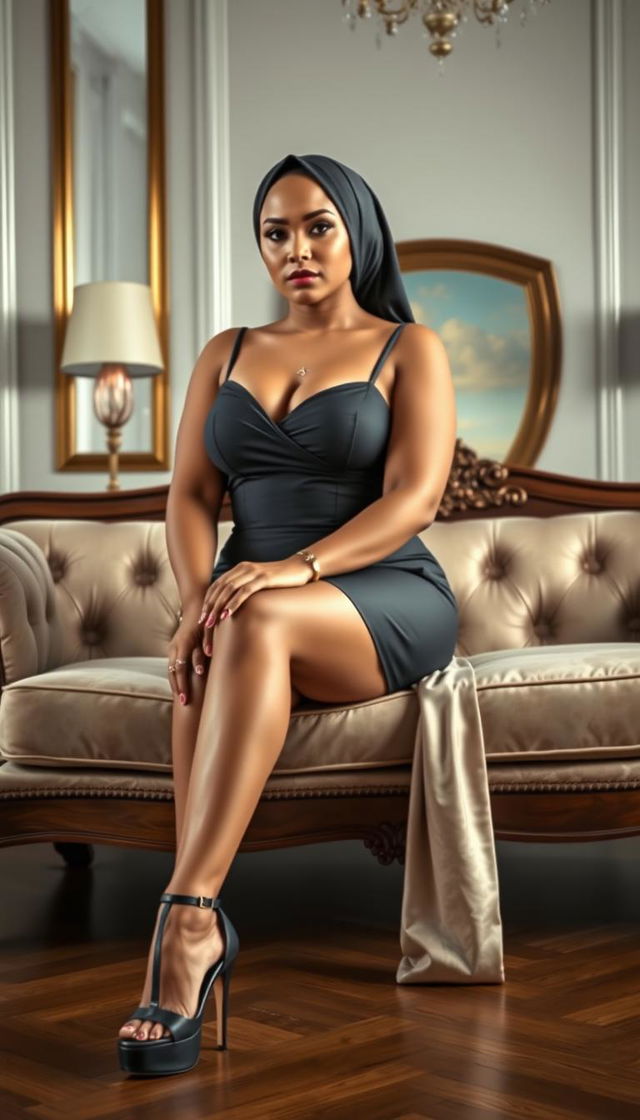 A high-class Colombian 40-year-old woman with a full, curvy body, portrayed in an elegant bedroom