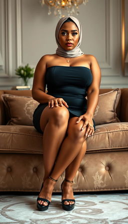 A high-class Colombian 40-year-old woman with a full, curvy body, portrayed in an elegant bedroom