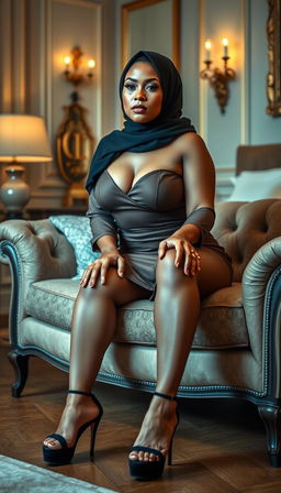 A high-class Colombian 40-year-old woman with a full, curvy body, portrayed in an elegant bedroom