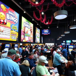 A modern and vibrant bingo hall filled with excitement, featuring large colorful graphic posters on the walls showcasing various bingo games and promotions