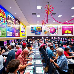 A modern and vibrant bingo hall filled with excitement, featuring large colorful graphic posters on the walls showcasing various bingo games and promotions