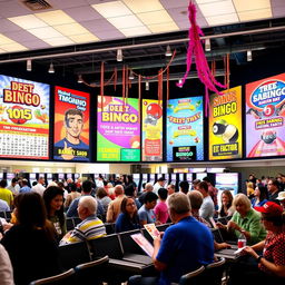 A modern and vibrant bingo hall filled with excitement, featuring large colorful graphic posters on the walls showcasing various bingo games and promotions