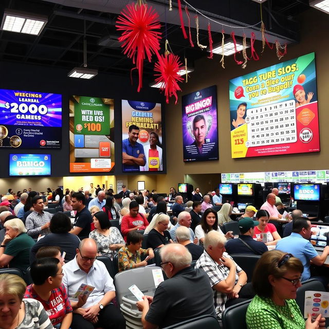 A modern and vibrant bingo hall filled with excitement, featuring large colorful graphic posters on the walls showcasing various bingo games and promotions