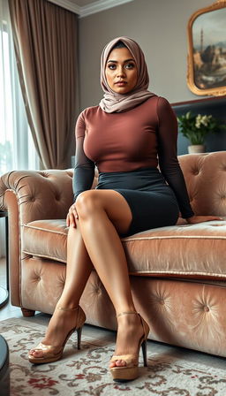 A high-class German woman in her 40s, depicted in full body, sitting on a plush couch in a beautifully furnished house during daylight