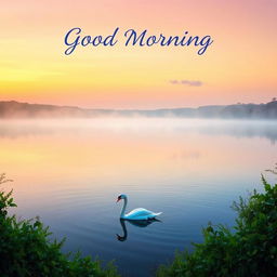 A serene sunrise over a calm lake, with mist rising gently off the water