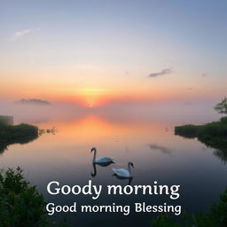 A serene sunrise over a calm lake, with mist rising gently off the water