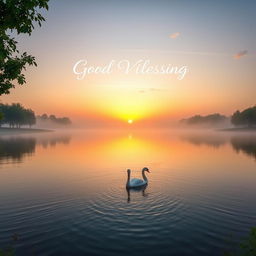 A serene sunrise over a calm lake, with mist rising gently off the water