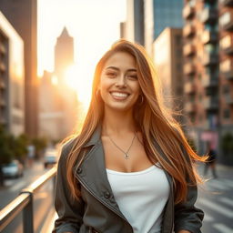 A portrait of a confident young woman, standing against a vibrant cityscape backdrop, wearing stylish urban clothing that reflects a modern fashion trend
