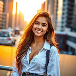 A portrait of a confident young woman, standing against a vibrant cityscape backdrop, wearing stylish urban clothing that reflects a modern fashion trend