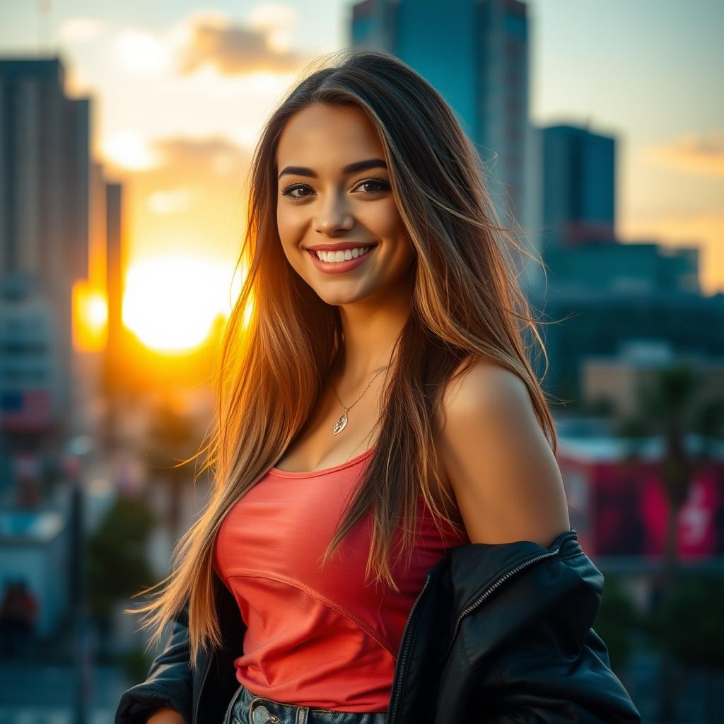 A portrait of a confident young woman, standing against a vibrant cityscape backdrop, wearing stylish urban clothing that reflects a modern fashion trend