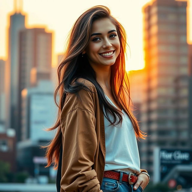 A portrait of a confident young woman, standing against a vibrant cityscape backdrop, wearing stylish urban clothing that reflects a modern fashion trend