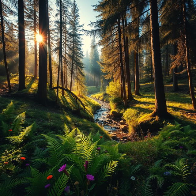 A breathtaking morning view of a lush forest, bathed in golden sunlight filtering through the tall trees