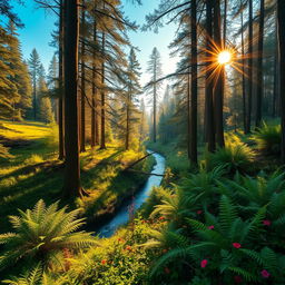 A breathtaking morning view of a lush forest, bathed in golden sunlight filtering through the tall trees
