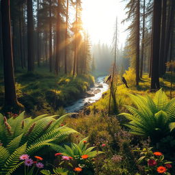 A breathtaking morning view of a lush forest, bathed in golden sunlight filtering through the tall trees
