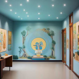 Redesign the chief's office on a campus with a Nepali theme, using light blue and its various tints and tones. The office should contain wall pictures illustrating Nepali culture, with an overall simple and subtle decor.