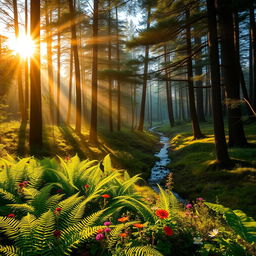 A breathtaking morning view of a lush forest, bathed in golden sunlight filtering through the tall trees