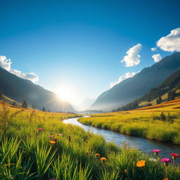 A stunning morning landscape featuring a peaceful meadow bathed in the soft light of dawn