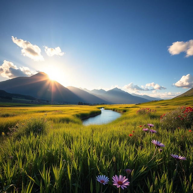 A stunning morning landscape featuring a peaceful meadow bathed in the soft light of dawn