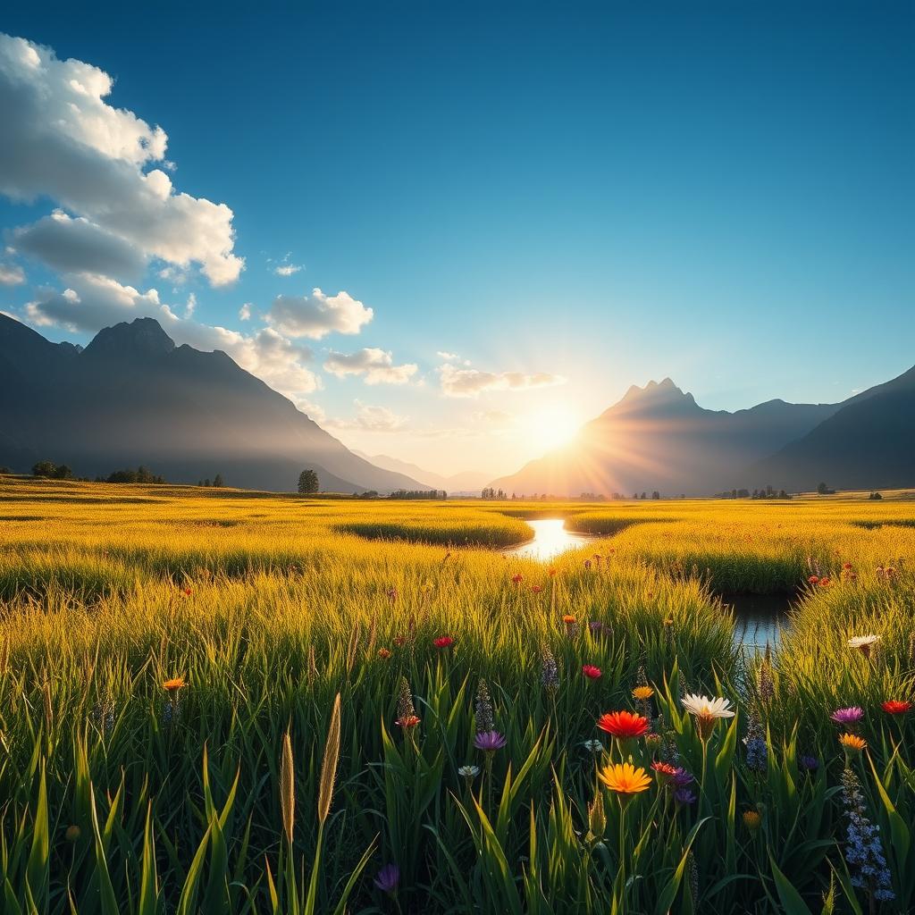 A stunning morning landscape featuring a peaceful meadow bathed in the soft light of dawn