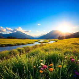 A stunning morning landscape featuring a peaceful meadow bathed in the soft light of dawn