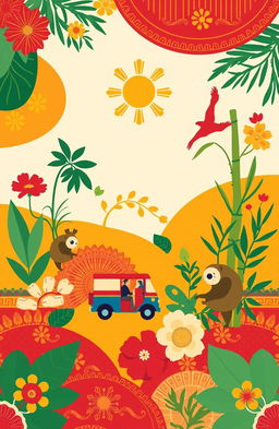 A vibrant and colorful aesthetic design inspired by Filipino values, incorporating elements of Filipino culture such as traditional woven textiles, intricate patterns, and natural motifs