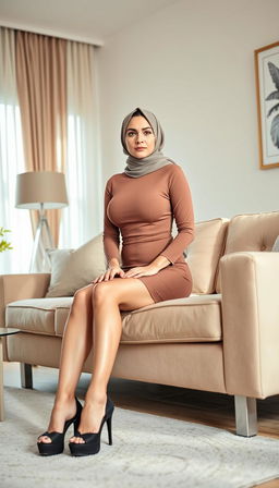 A high-class German woman in her 40s, presented in full body while sitting elegantly on a modern couch in a tastefully decorated house, illuminated by natural daylight