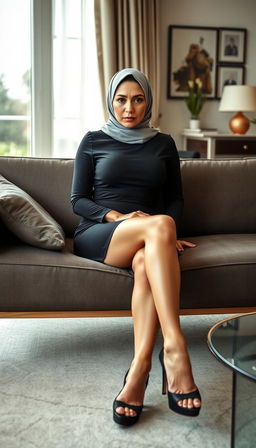 A high-class German woman in her 40s, presented in full body while sitting elegantly on a modern couch in a tastefully decorated house, illuminated by natural daylight