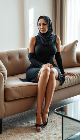 A high-class German woman in her 40s, depicted in full body while sitting elegantly on a luxurious couch in a modern house illuminated by natural daylight