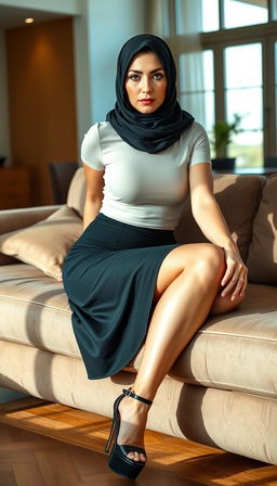 A high-class German woman in her 40s, depicted in full body while sitting elegantly on a luxurious couch in a modern house illuminated by natural daylight