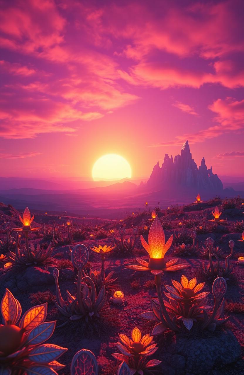 A stunning extraterrestrial landscape at dawn, featuring surreal colors and unusual flora