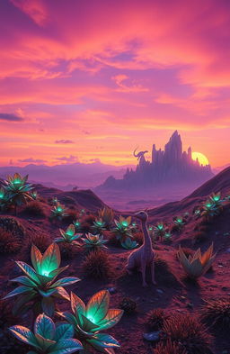 A stunning extraterrestrial landscape at dawn, featuring surreal colors and unusual flora