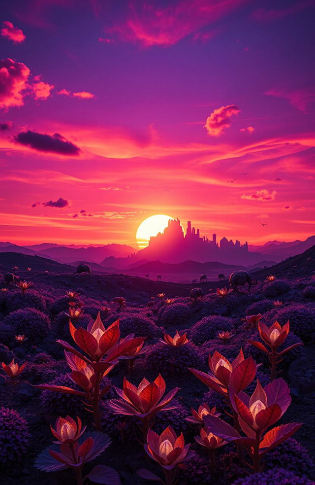 A stunning extraterrestrial landscape at dawn, featuring surreal colors and unusual flora