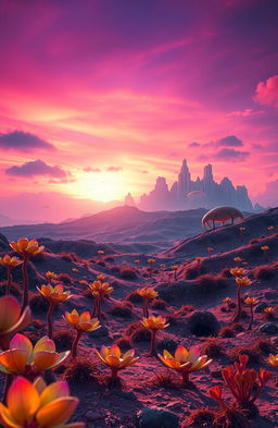 A stunning extraterrestrial landscape at dawn, featuring surreal colors and unusual flora