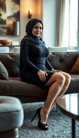 A high-class German woman in her 40s, depicted in full body while sitting gracefully on a luxurious couch in a modern house, illuminated by soft natural daylight