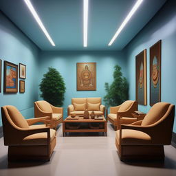 Modify the chief's office with a Nepali theme to have more wall pictures and the chief's chair facing forward. Remove unnecessary chairs and include a sofa setup suitable for small conferences. Maintain the light blue color scheme with its various tints and tones.