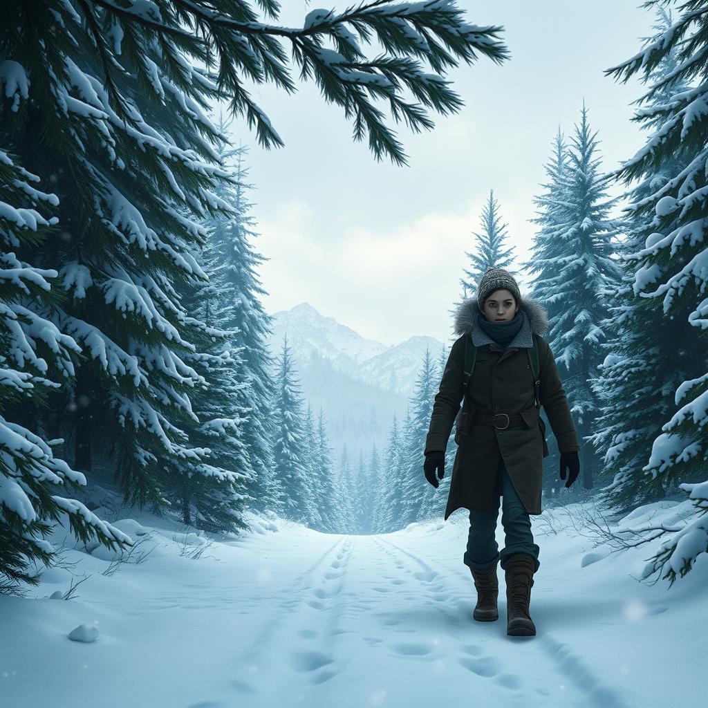 A character walking through a winter forest, heading towards the camera