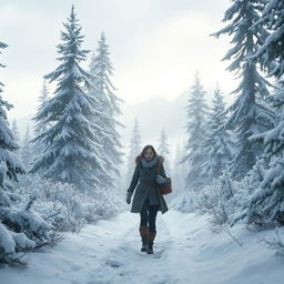 A character walking through a winter forest, heading towards the camera