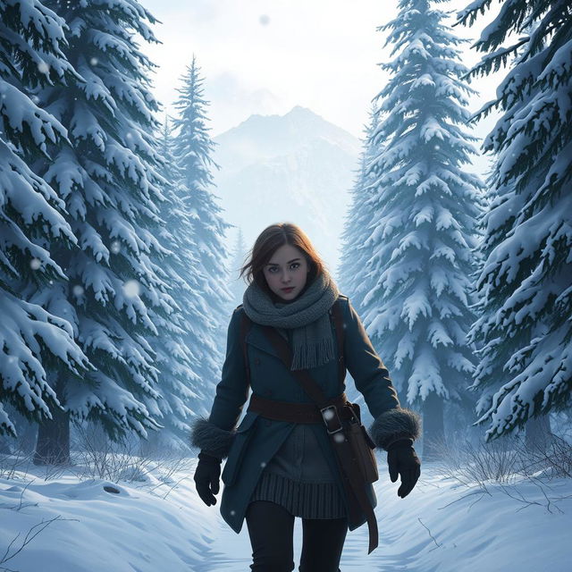 A character walking through a winter forest, heading towards the camera