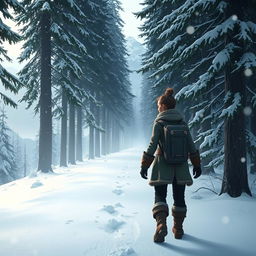 A character walking through a winter forest, heading towards the camera
