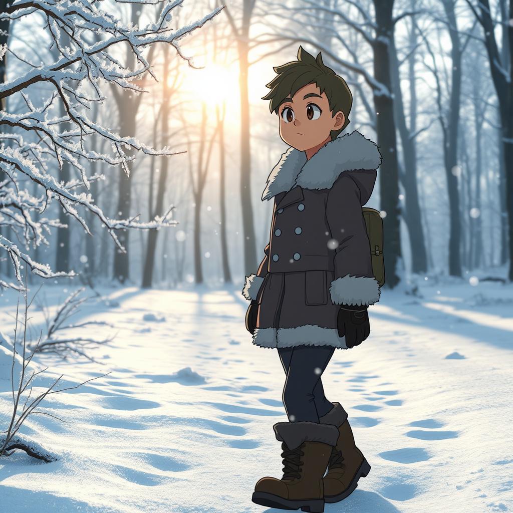 A medium shot of a character walking through a winter forest, captured from a side angle