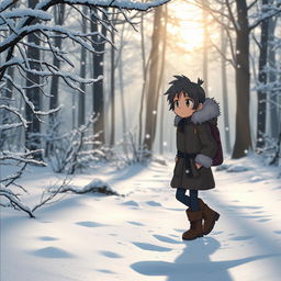 A medium shot of a character walking through a winter forest, captured from a side angle