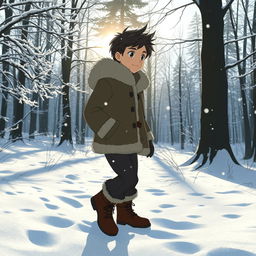 A medium shot of a character walking through a winter forest, captured from a side angle