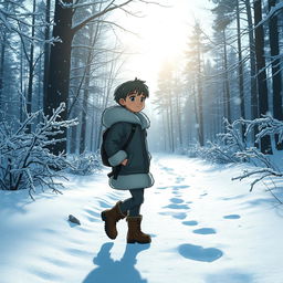A medium shot of a character walking through a winter forest, captured from a side angle