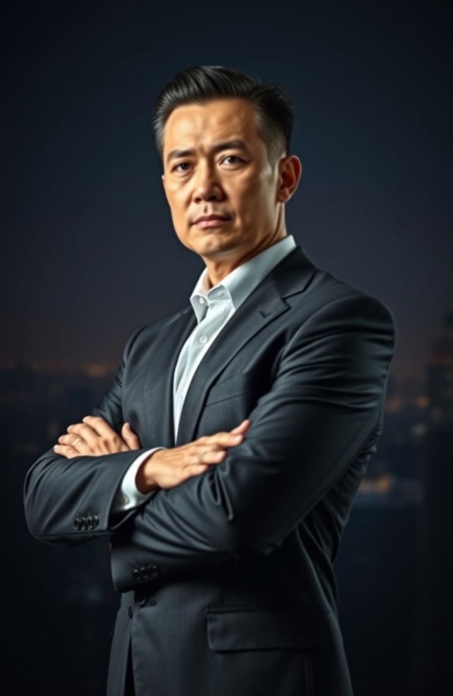 A cinematic portrayal of a confident CEO in a sleek suit, standing with arms crossed and exuding power and authority