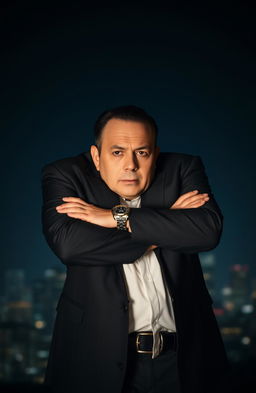 A cinematic portrayal of a confident CEO in a sleek suit, standing with arms crossed and exuding power and authority