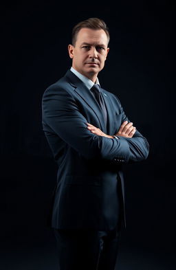 A cinematic portrayal of a confident CEO in a sleek suit, standing with arms crossed and exuding power and authority